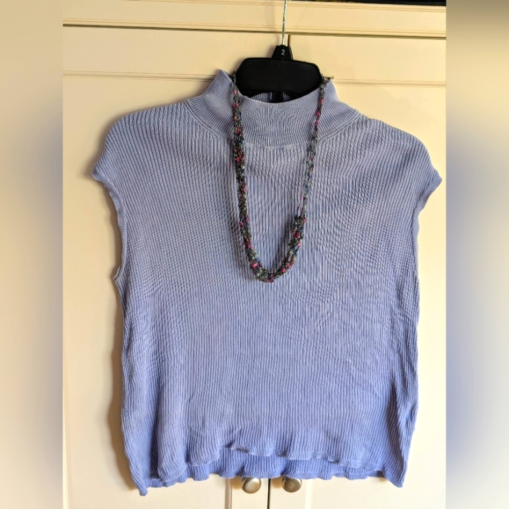 Coldwater Creek Periwinkle Blue Ribbed Sleeveless Mock Turtleneck Silk/Cotton